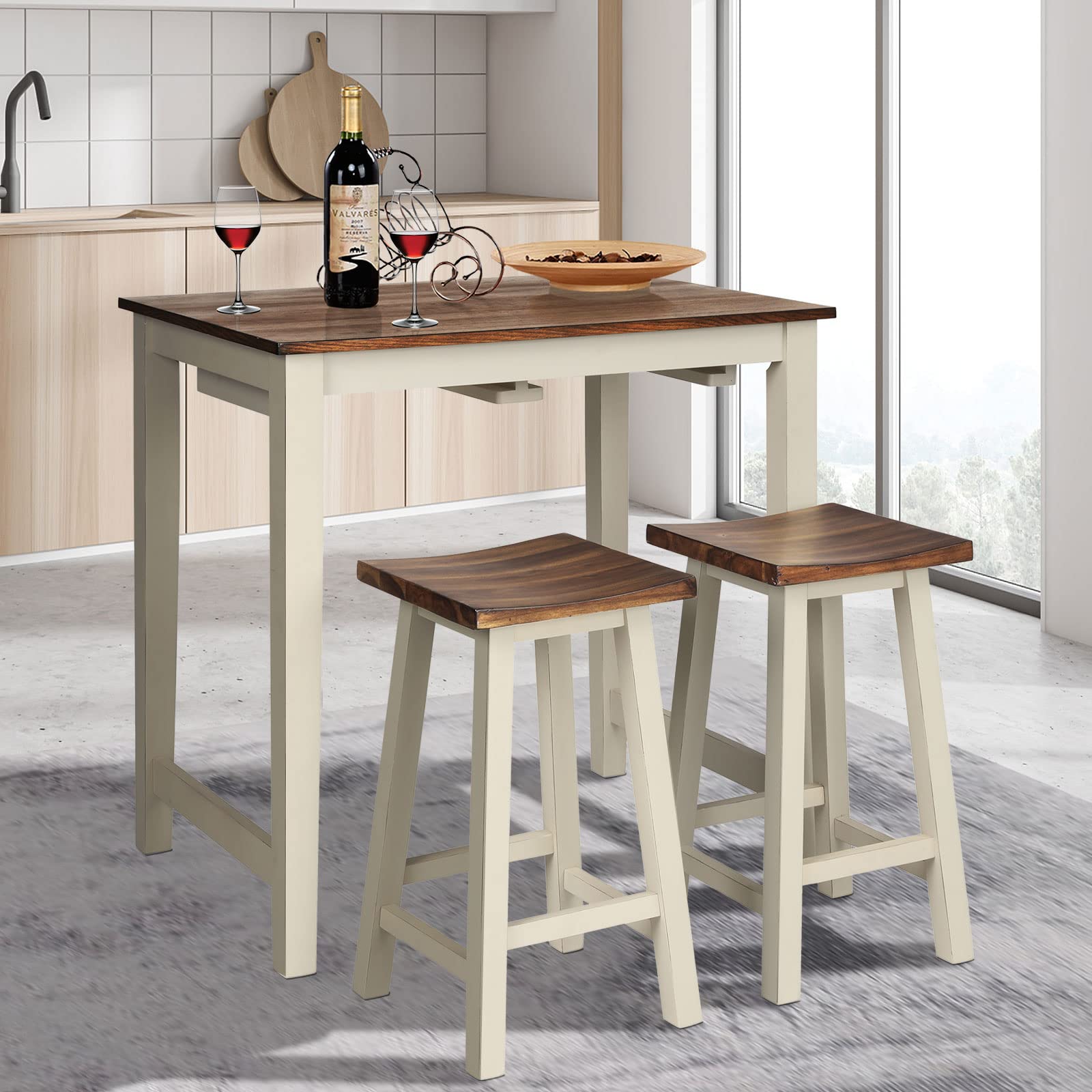 COSTWAY 3-Piece Counter Height Dining Set with 2 Saddle Stools - Industrial Style Wooden Pub Table for Breakfast Bar, Kitchen, Living Room & Restaurant | Perfect for Small Spaces, Apartments & Outdoor Patios