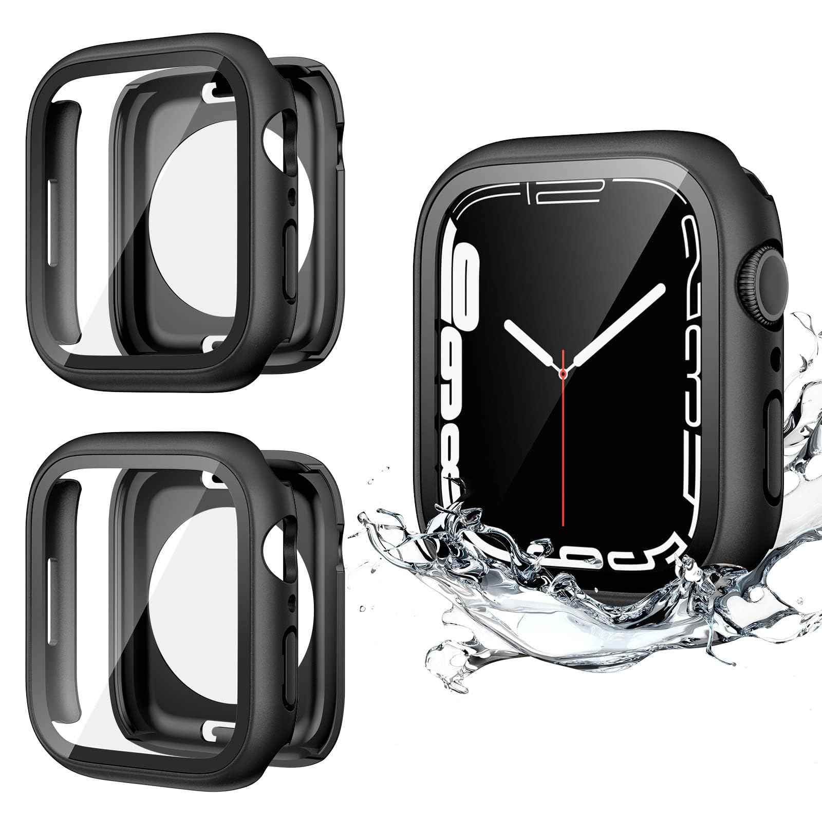 2 Pack Waterproof Case for Apple Watch Series 9/8/7 41mm - Shockproof Protective Cover with Built-in Tempered Glass Screen Protector, Front & Back Bumper for iWatch (Black) - Perfect for Swimming, Sports & Outdoor Activities