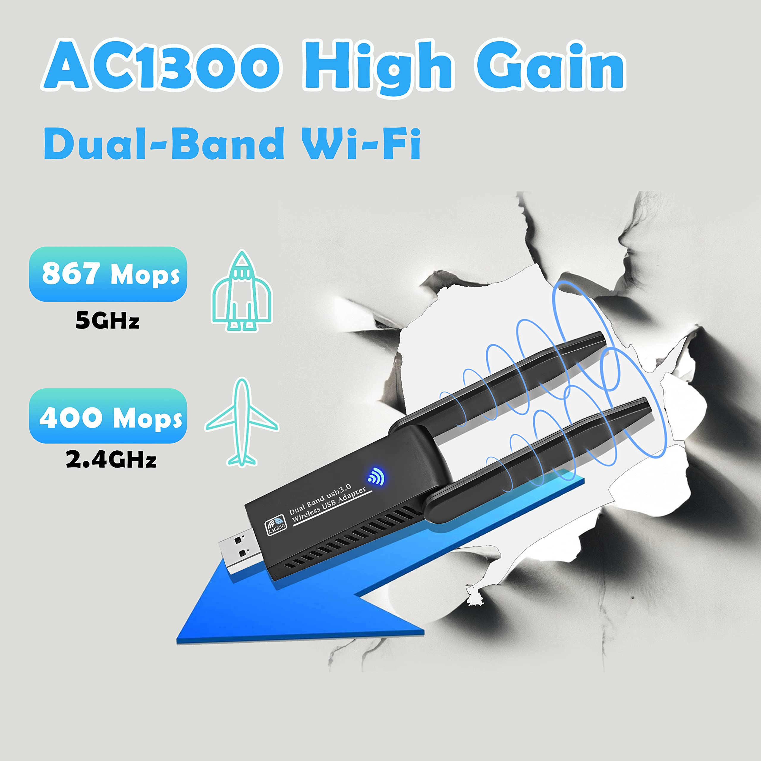 1300Mbps High-Speed USB WiFi Adapter for PC - Dual Band 5GHz/2.4GHz with 2 Antennas, USB 3.0 Wireless Network Dongle for Laptop/Desktop, Compatible with Windows 11/10/8/7/Vista/XP - Perfect for Gaming, Streaming & Home Office