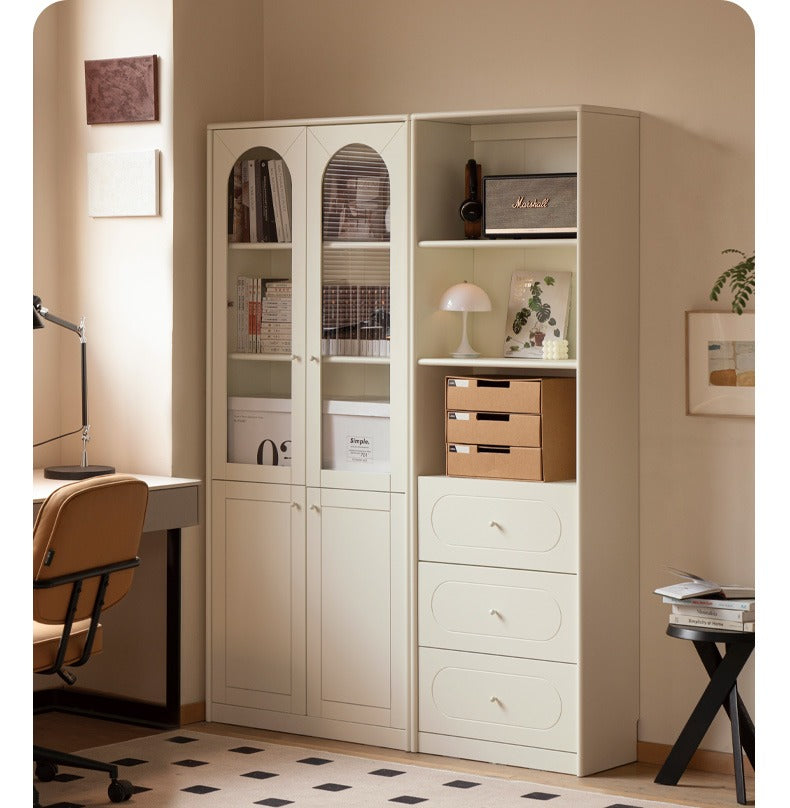 French Cream Style Poplar Solid Wood Bookcase with Glass Door - Whole Wall Combination for Living Room, Office & Library Storage