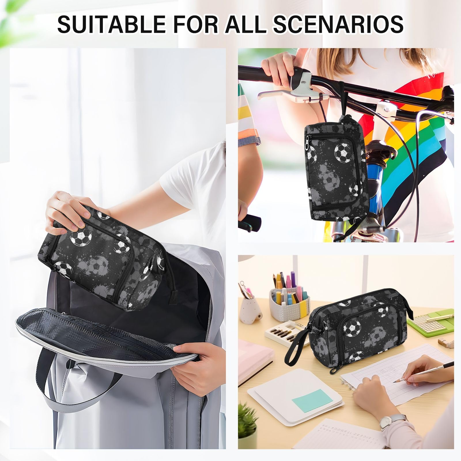 Joisal Abstract Football Black Watercolor Pencil Case with Multiple Compartments - Small Makeup Bag, Pen Organizer Pouch for School, Office & Travel Accessories Storage