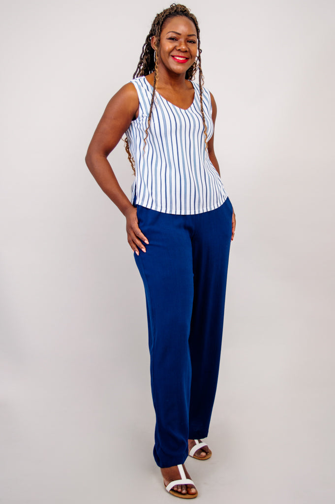 Havana Tank Top - Indigo Stripe Linen Bamboo Blend Women's Shirt - Perfect for Summer Outfits, Beach Wear & Casual Style