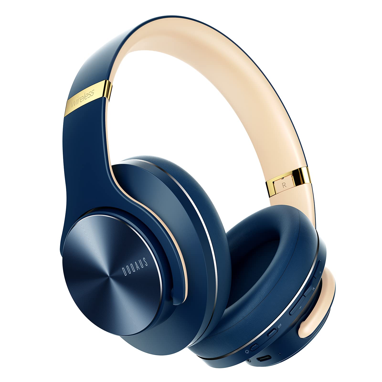 DOQAUS Wireless Bluetooth Headphones with 90 Hours Playtime, Hi-Fi Stereo Sound, 3 EQ Modes, Built-in Mic & Comfortable Earpads for iPhone, Android, PC - Perfect for Travel, Workout & Commuting (Navy Blue)