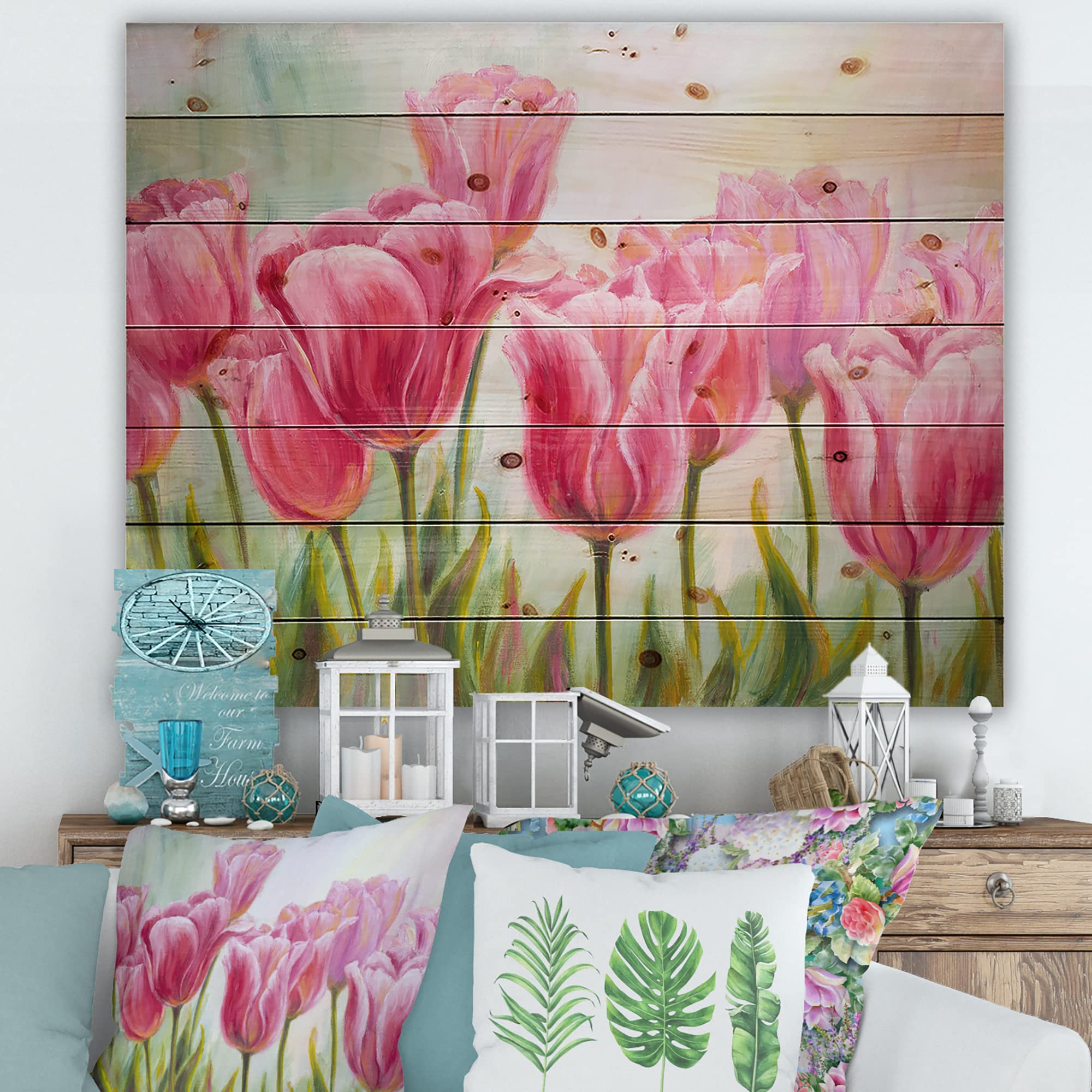 DesignQ Tulips Flowers Blossoming Traditional Wood Wall Decor - Pink Floral Wood Wall Art, Large Printed Pine Wood Panel for Home & Office Decoration | Perfect for Living Room, Bedroom, Kitchen & Office Spaces