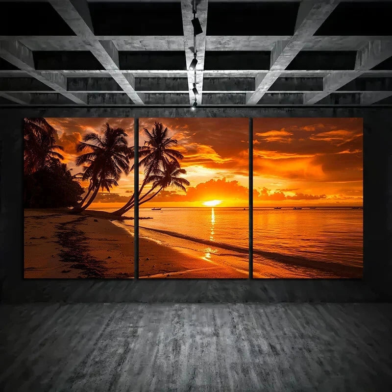 3-Piece Sunset Beach with Palm Trees Metal Wall Art - Ready to Hang Tropical Decor for Living Room, Bedroom & Office