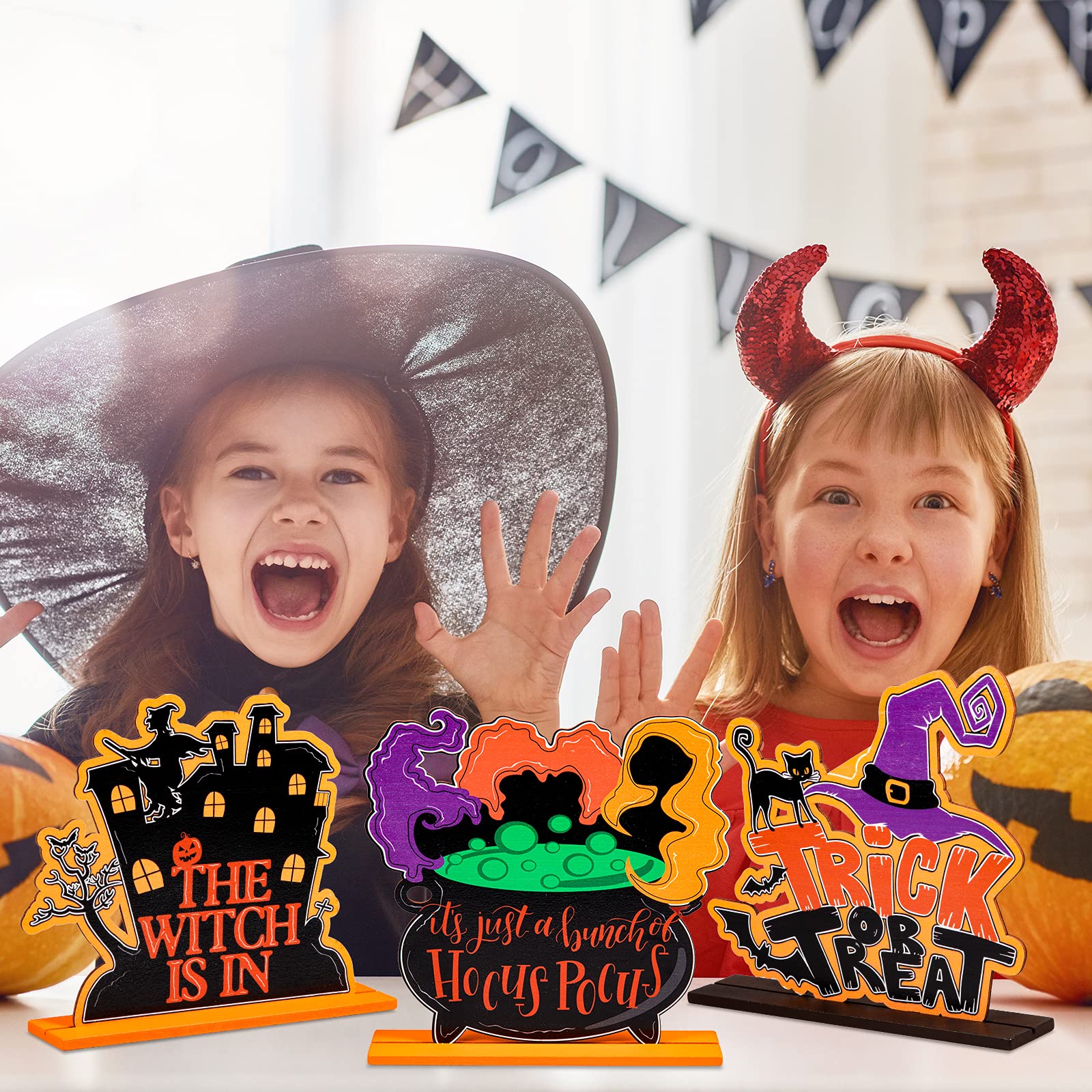 Whaline 4Pcs Halloween Wooden Table Centerpieces - Spooky Witch, Bat & Castle Decorations for Trick or Treat, Happy Halloween Party, Home, Office, Farmhouse & Fireplace - Perfect for Halloween Table Topper, Mantel Decor & Seasonal Party Decorations