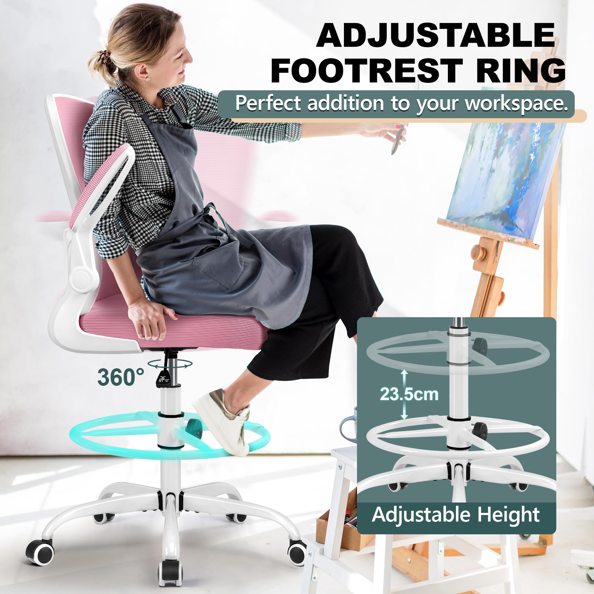 FelixKing Ergonomic Drafting Chair - Adjustable Height Office Chair with Breathable Mesh Back, Flip-Up Armrests & Lumbar Support - Comfortable High Back Executive Chair for Home Office, Computer Work & Architectural Drafting