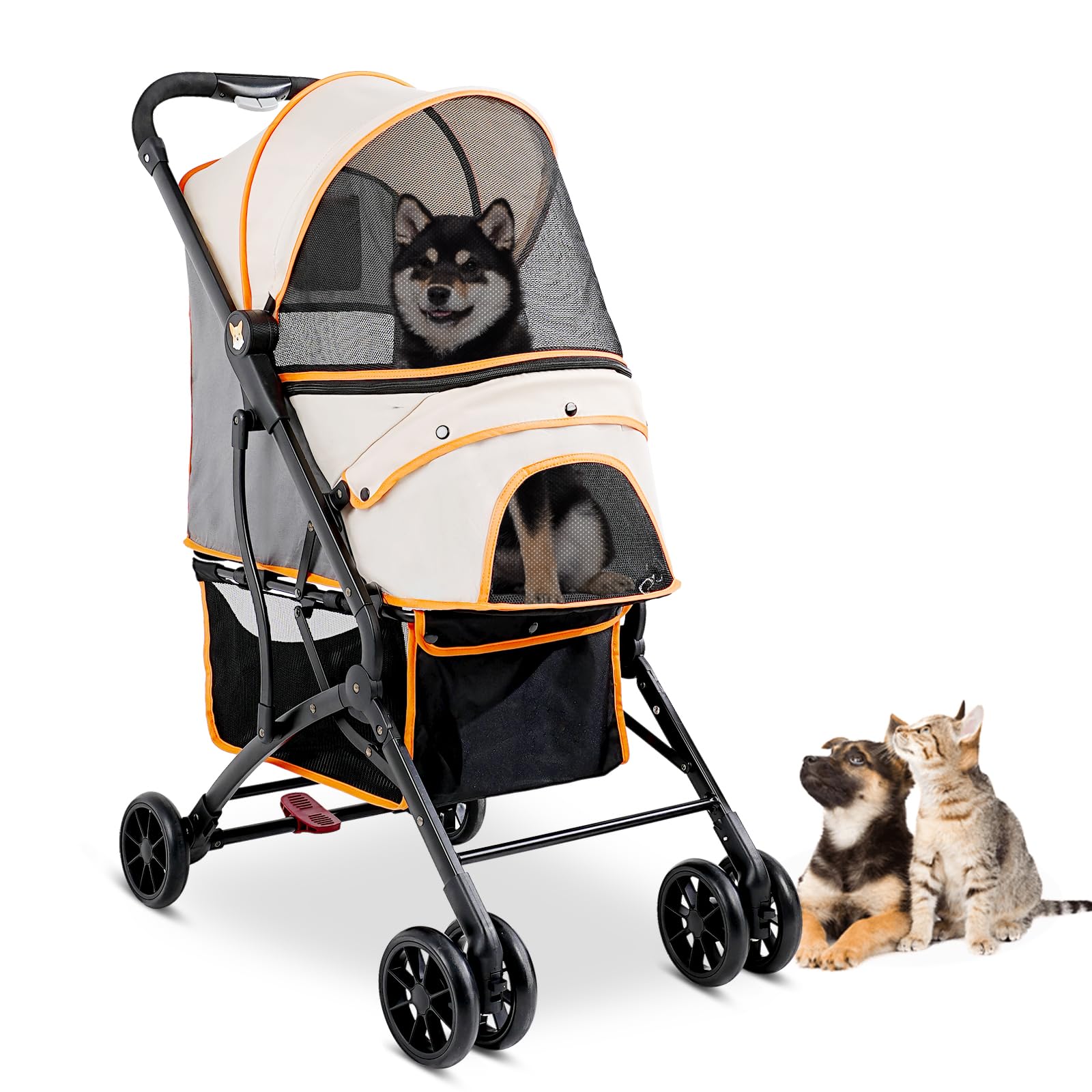 4 Wheels Foldable Pet Stroller for Small & Medium Dogs & Cats up to 35 LBS - Lightweight Travel & Jogging Stroller with Storage Basket & Cup Holder - Perfect for Park Walks, Vet Visits & Shopping Trips (Yellow)