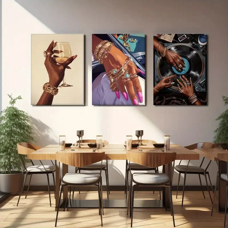 3-Piece Black Girl Song Lover Art Deco Metal Wall Art Prints - Ready to Hang Music Themed Home Decor for Bedroom, Living Room & Office