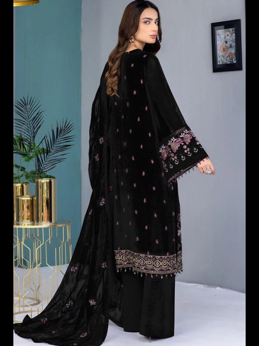 Elegant Black Georgette Semi-Stitched Pant Suit with Embroidery & Sequins - Perfect for Weddings, Parties & Special Occasions