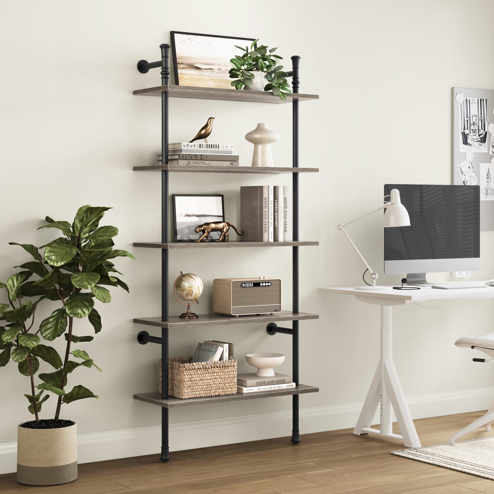 5-Tier Wall Mounted Bookshelf - Industrial Open Display Shelf, Modern Tall Leaning Bookcase for Living Room, Bedroom, Home Office & Kitchen - Oak Gray Finish | Perfect for Organizing Books, Decor & Storage in Small Spaces