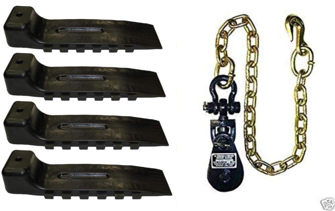 1 Set of 4 Black Interlocking Tire Skates + 2 Ton Snatch Block with Chain - Heavy Duty Wheel Chocks for Rollback Trucks, Car Haulers, Flatbeds & Vehicle Transport - Perfect for Auto Recovery, Towing & Parking Security