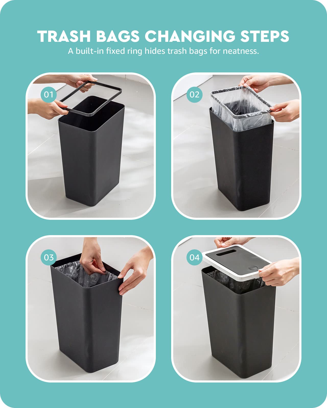 Baffect 8L Push-Top Kitchen Trash Can with Lid - Plastic Waste Bin for Kitchen, Bathroom, Bedroom, Living Room & Office - Odor-Controlling Black Garbage Bin (Perfect for Small Spaces & Under-Sink Storage)