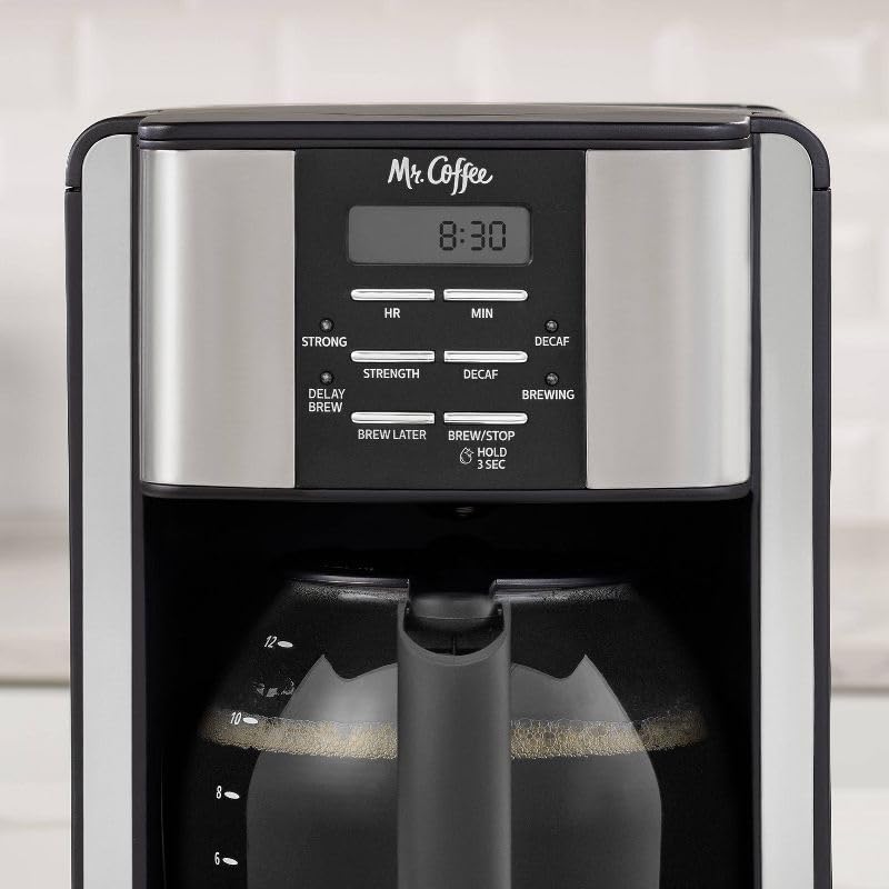 Mr. Coffee 12-Cup Programmable Coffee Maker - Black Stainless Steel Drip Coffee Machine with Auto Shutoff & Dishwasher Safe Parts - Perfect for Home, Office & Breakfast Brewing