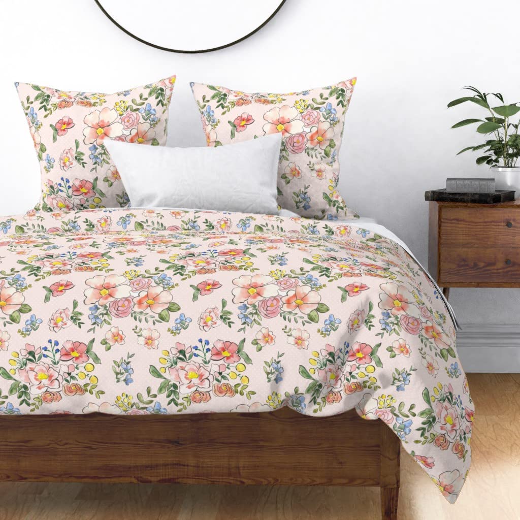 Cottage Floral Soft Blush Polka Dots Rose Spring Garden Print Cotton Sateen Duvet Cover - Full/Queen Size Custom Bedding for Cozy Bedroom Decor