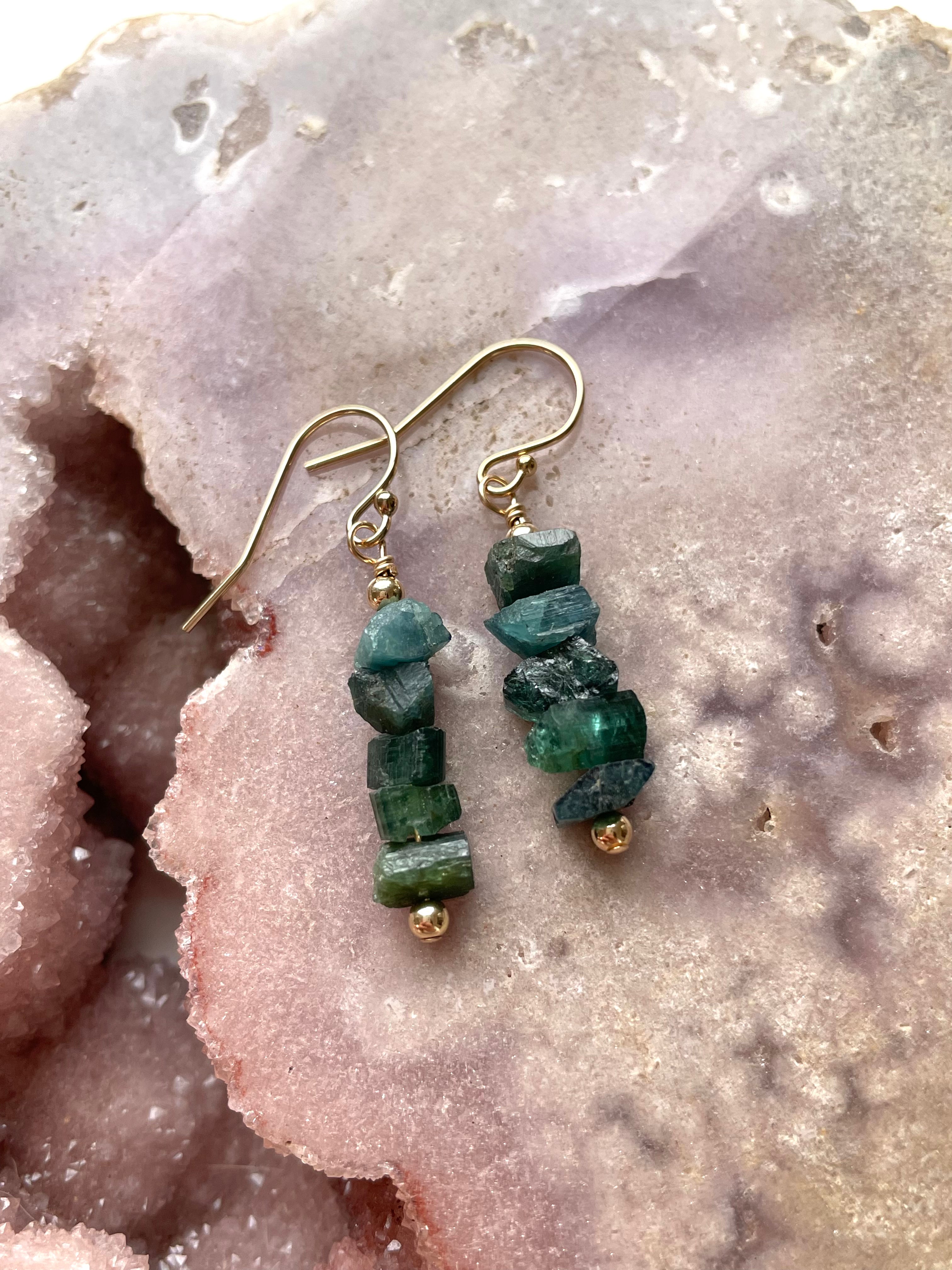 Natural Green Tourmaline Dangle Earrings - Raw Crystal Drop Earrings in 14K Gold for Women | Boho Chic Jewelry Gift for Birthday, Wedding & Everyday Wear
