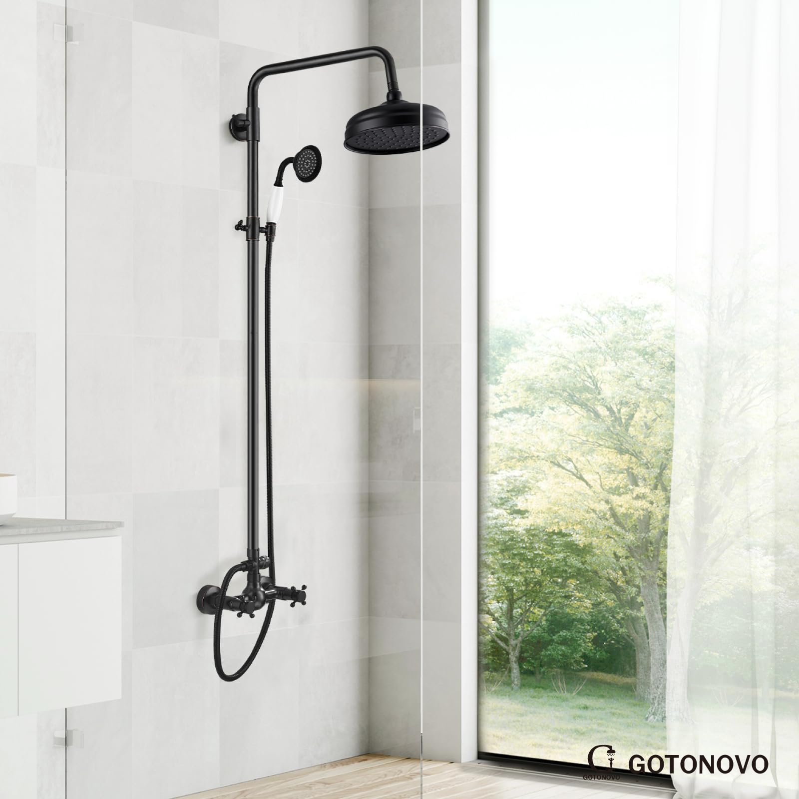 Luxury Exposed Shower Faucet Set - 8 Inch Wall Mount Rainfall Shower Head with Handheld Spray & Cross Double Handle - Oil Rubbed Bronze Finish - Adjustable Straight Rod - Perfect for Modern Bathroom Renovation & Spa-Like Shower Experience