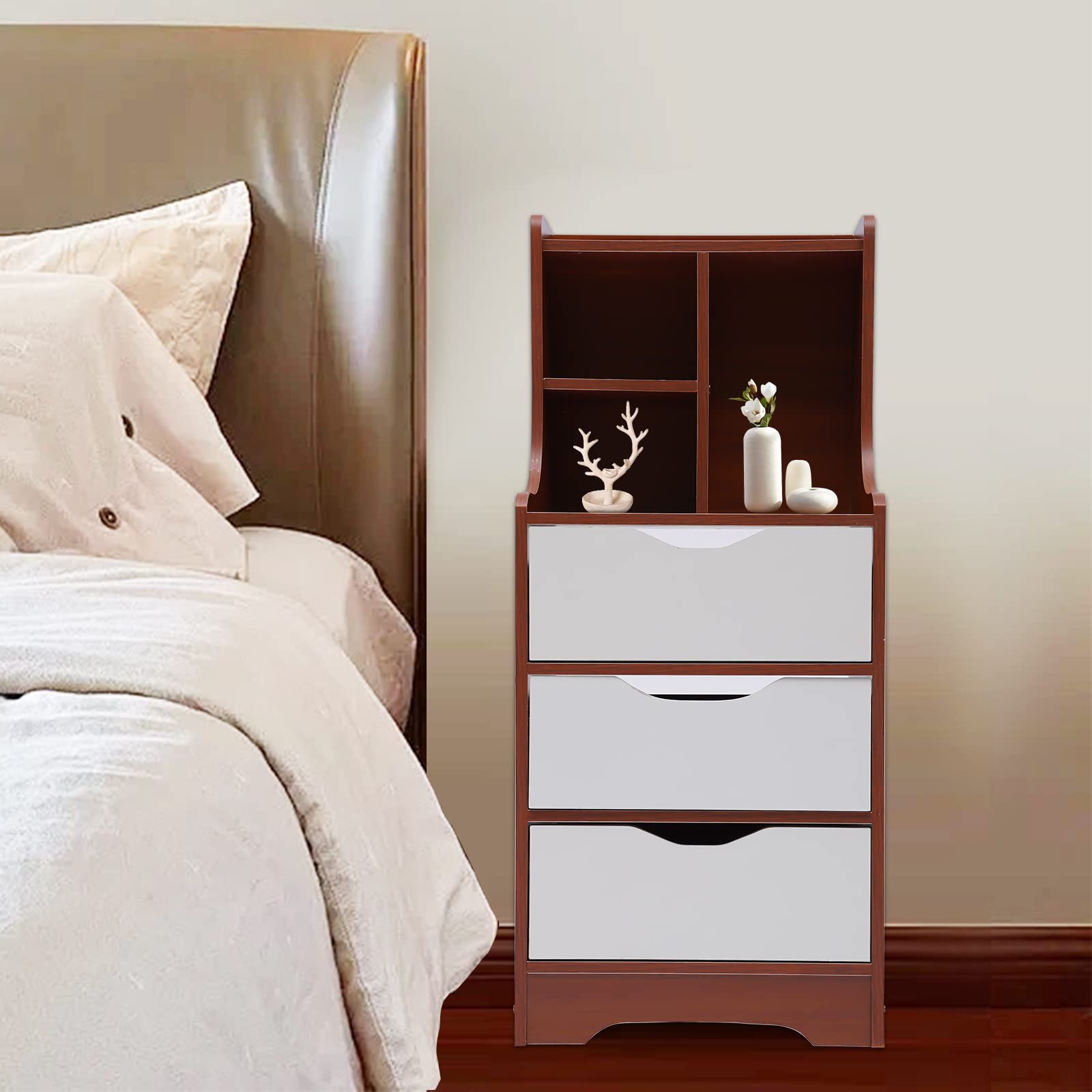 Eapmic 3-Drawer Dresser with Top Cabinet & Open Shelf - Nightstand, Bedside Table, Chest of Drawers for Bedroom, Living Room, Home Office - White & Dark Brown - Wide Storage Space for Clothes, Books & Decor