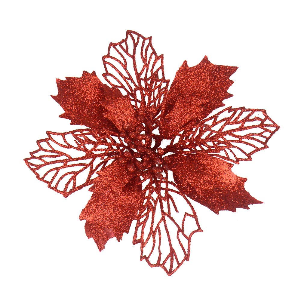 12 Pack Red 6 Inch Glitter Flower Christmas Hanging Ornaments - Holiday Party Decor for Tree, Home, Garden & Outdoor Decorations