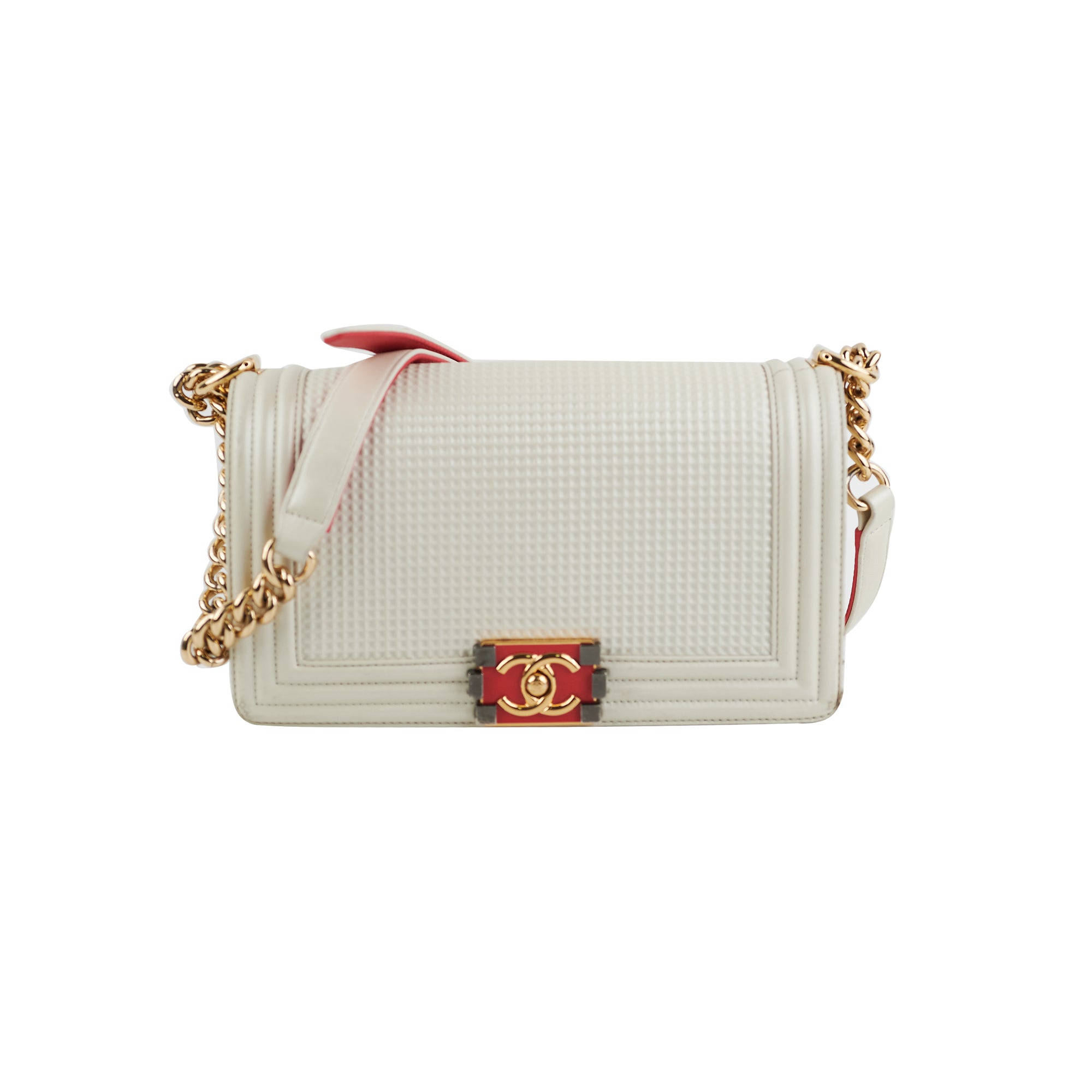 Chanel Old Medium Cube Embossed Boy Bag in White - Luxury Crossbody Bag for Women, Perfect for Date Night & Special Occasions