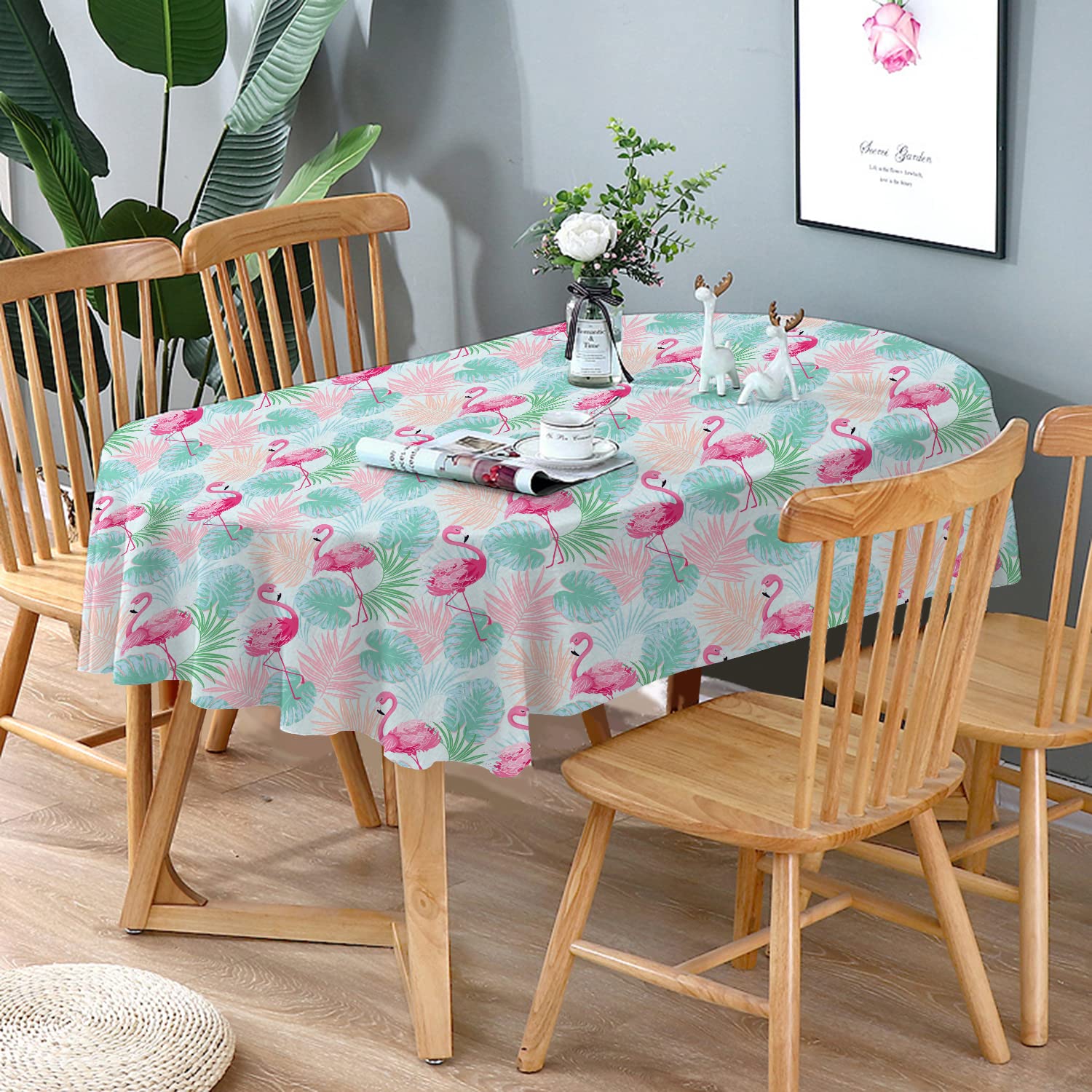 Flamingo Pink Floral Waterproof Wrinkle-Free Oval Tablecloth 60x120 Inches - Summer Tropical Decor for Outdoor Dining, Picnics & Party Tables