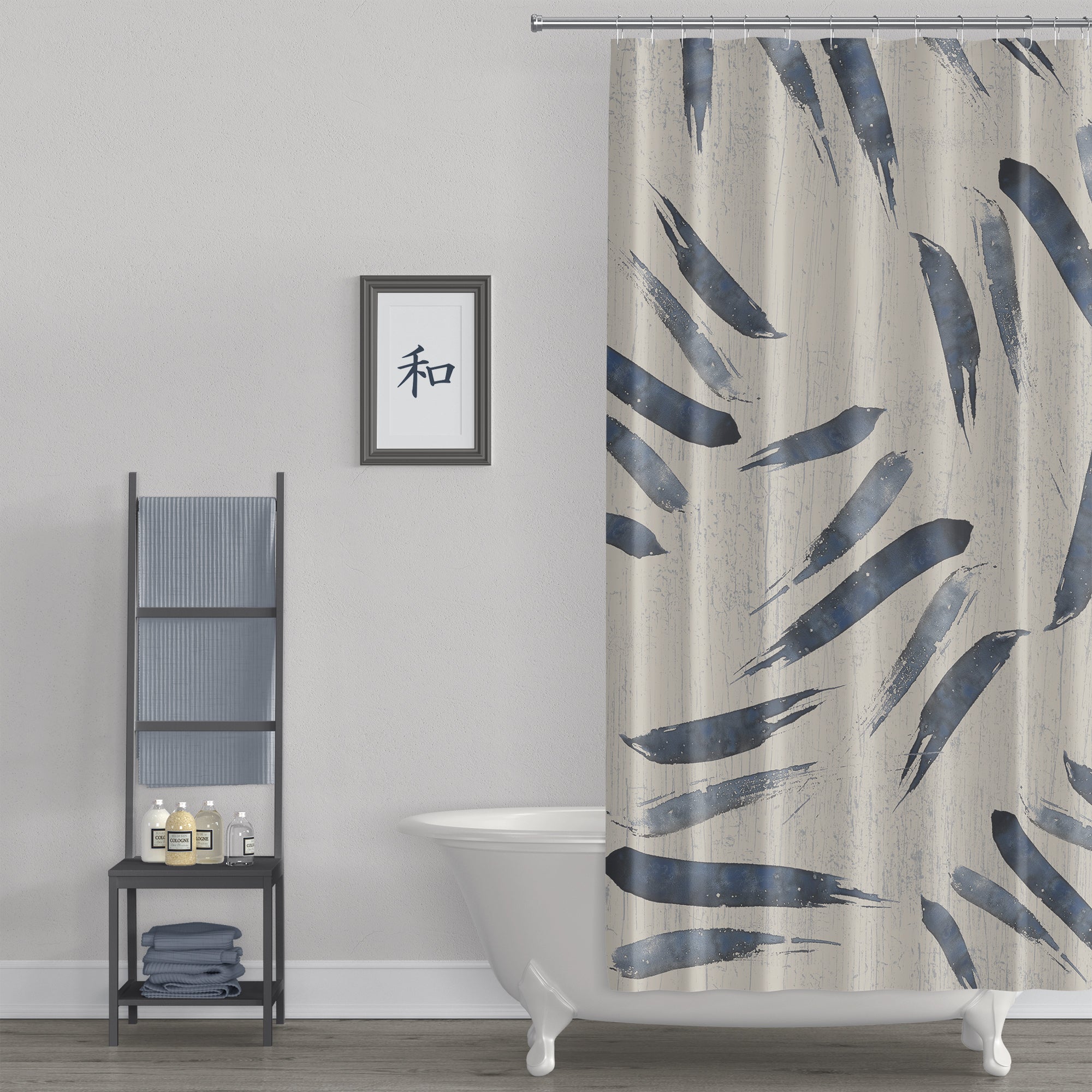 Indigo Blue Japanese Style Watercolor Shower Curtain - Elegant Bathroom Decor for Modern & Traditional Homes - Perfect for Spa, Zen, and Asian-Inspired Bathrooms