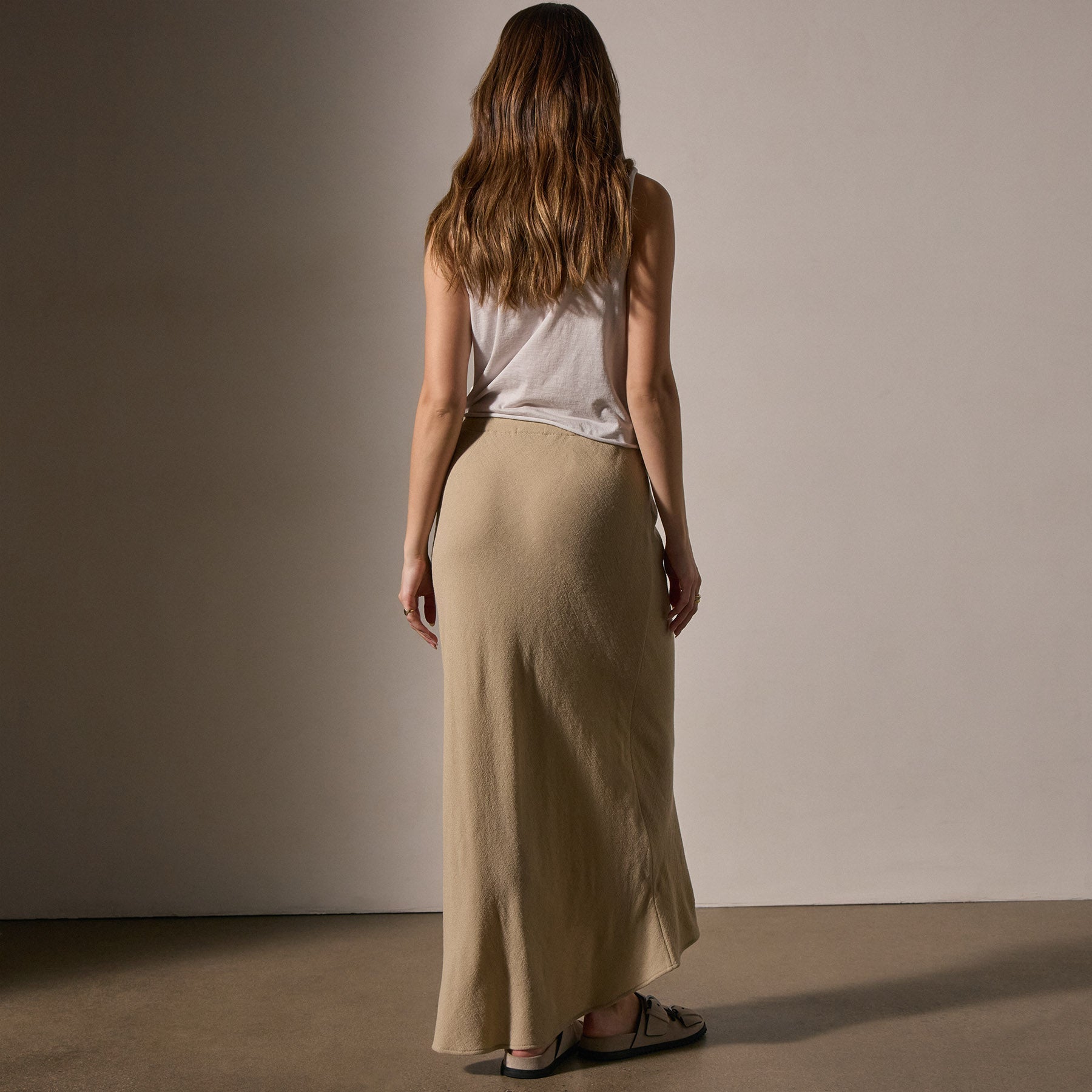 High-Low Wool Blend Skirt in Biscuit - Elegant A-Line Hem for Women | Perfect for Office, Parties & Special Occasions