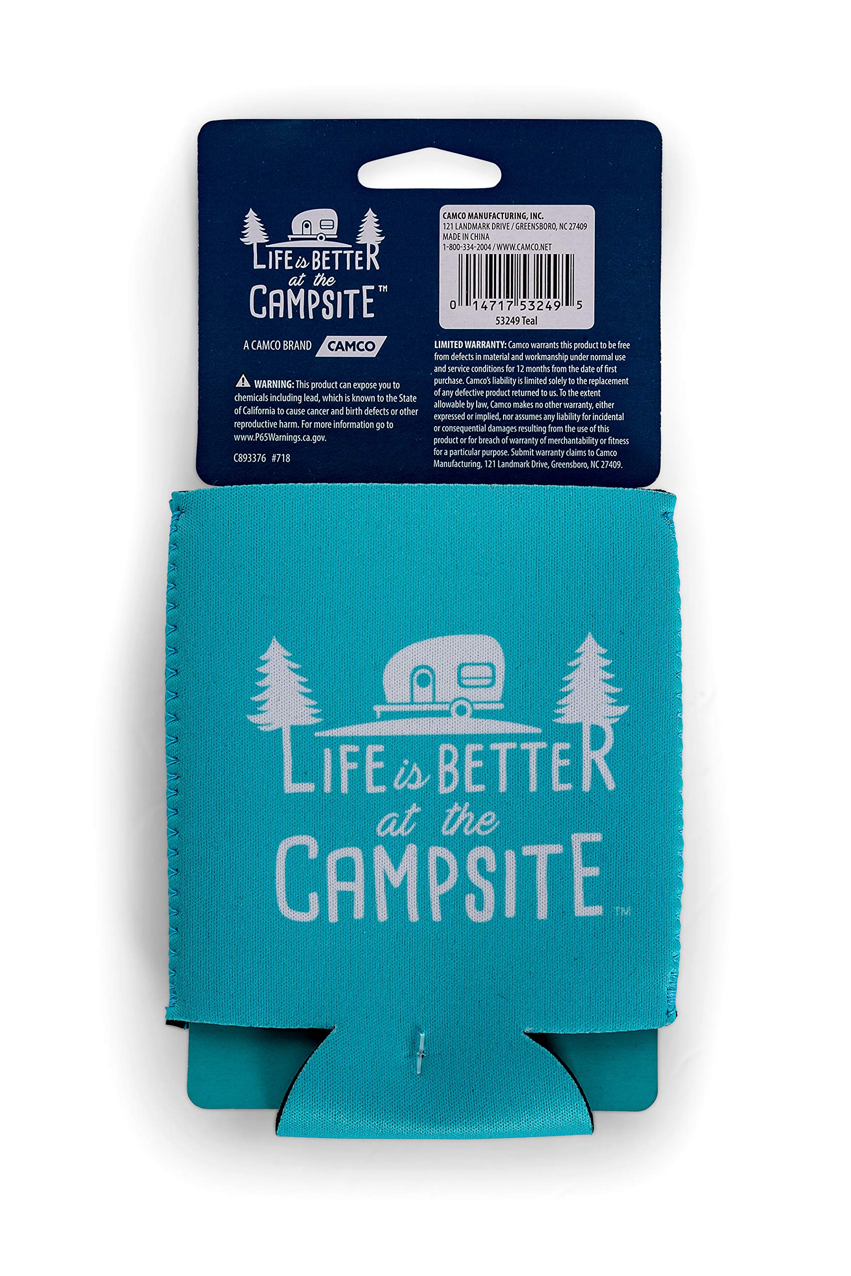 Camco Neoprene Can Cooler Sleeve for 12 oz Soda & Beer Cans - Retro Camper Design in Teal Blue & White (53249) - Perfect for Camping, Picnics, BBQs & Outdoor Adventures