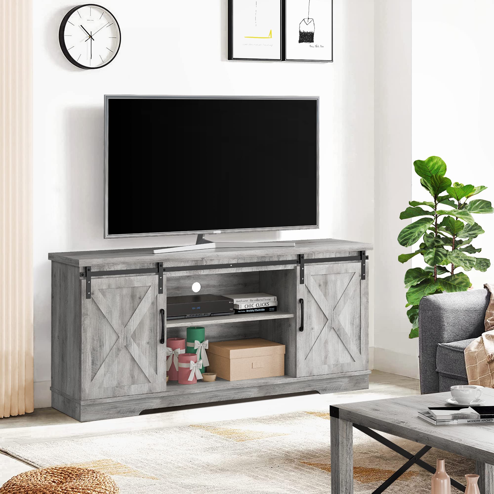Idealhouse 65 Inch Farmhouse TV Stand with Sliding Barn Doors - Rustic Wood Entertainment Center for Living Room, Grey - Perfect for Home Theater & Cozy Family Gatherings