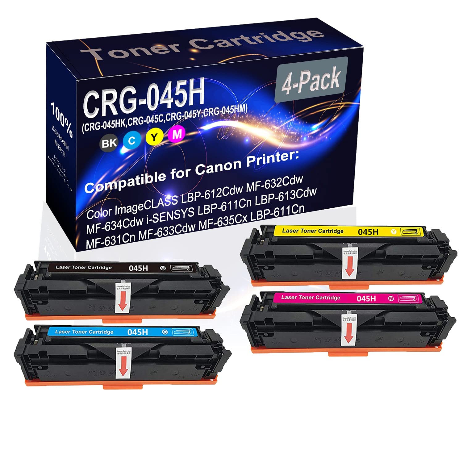 4-Pack High Yield Compatible Toner Cartridge for Canon CRG-045H (BK+C+Y+M) - Replacement for LBP-612Cdw/MF-632Cdw Printers - Perfect for Office & Home Printing Needs