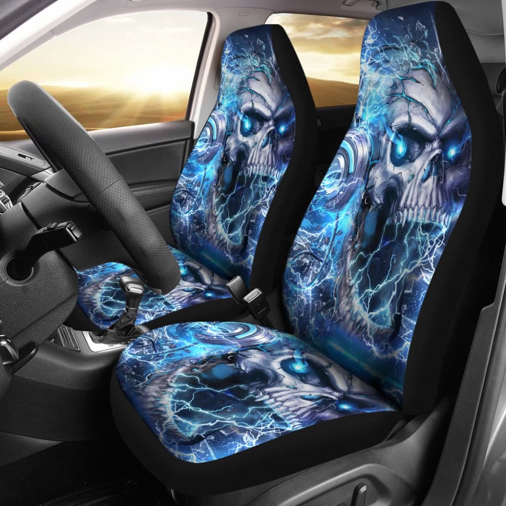 Premium Gothic Skull Car Seat Covers with Blue Music Headphones Design - Trendy Car Interior Accessories for Music Lovers & Gothic Style Enthusiasts | Perfect for Cars, Trucks & SUVs