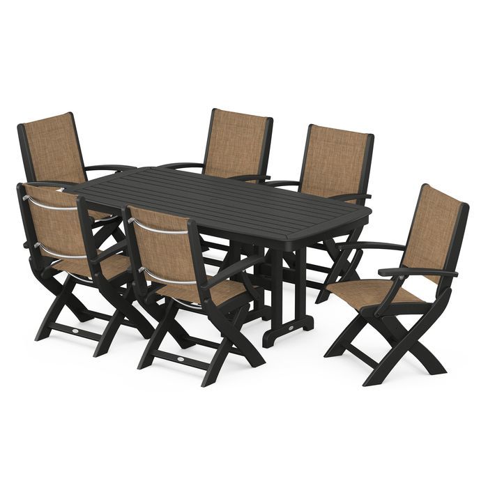 POLYWOOD Coastal Folding Arm Chair 7-Piece Outdoor Dining Set - Perfect for Patio, Deck, Poolside & Beachfront Entertaining