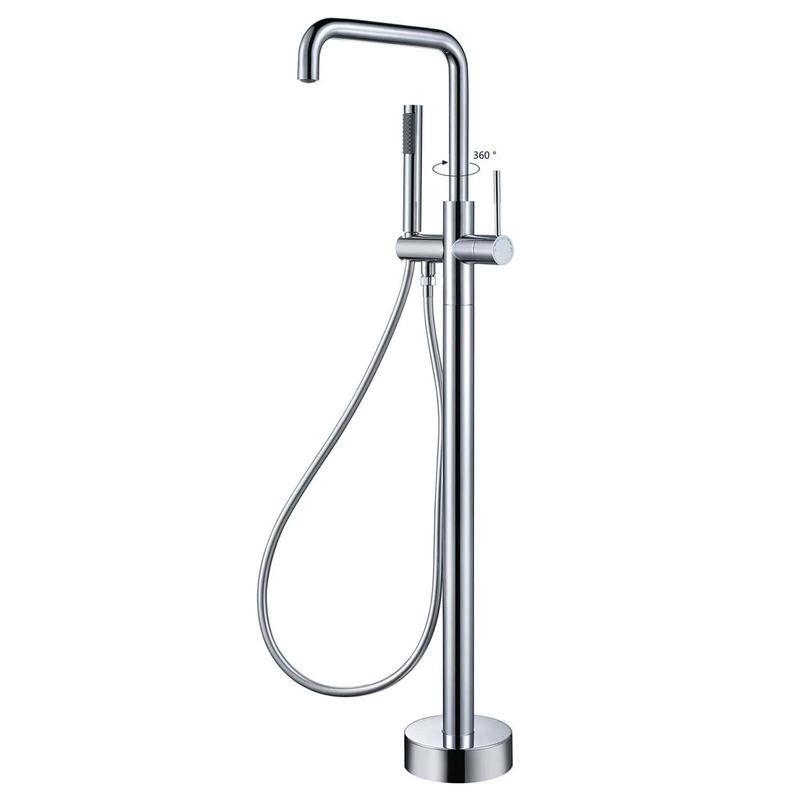 360° Swivel Freestanding Floor Mounted Tub Filler - High Arc Brass Bathtub Faucet with Handheld Shower | Single Handle Hot & Cold Water Mixer Tap in Chrome Finish | Perfect for Modern Bathrooms & Spa-Like Showers