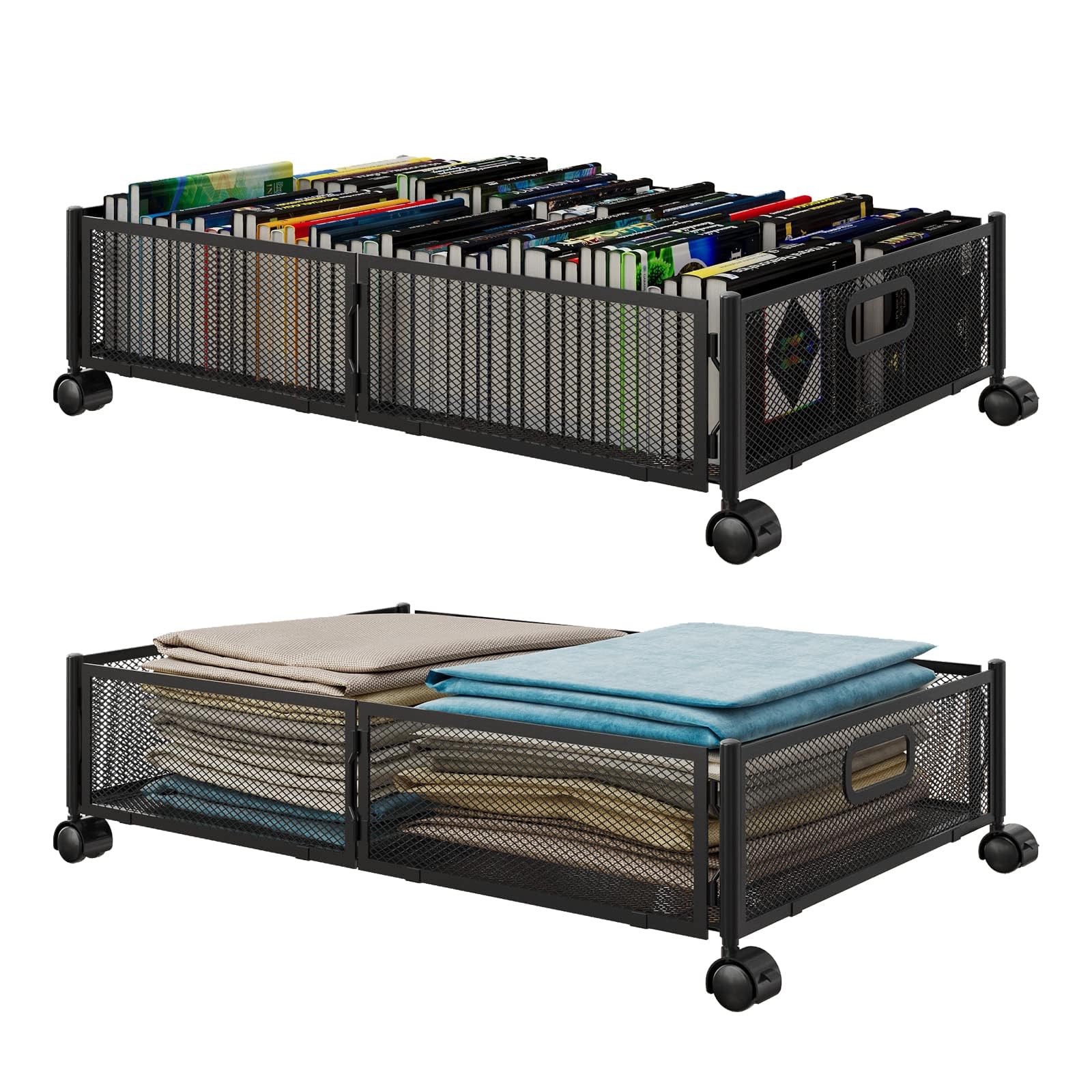 Under Bed Storage with Wheels - Large Foldable Metal Space-Saving Organizer for Shoes, Clothes & Bedroom Items (2-Pack, Black) | Perfect for Small Spaces, Dorm Rooms & Apartment Storage Solutions