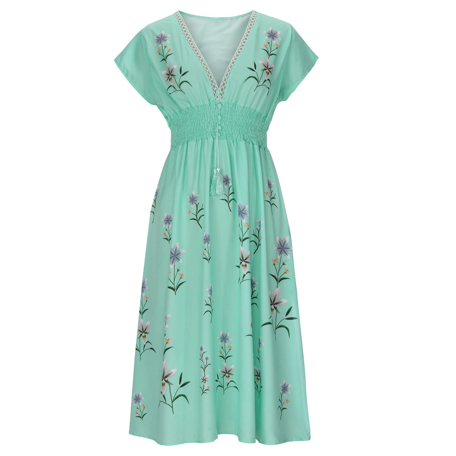 Chinese Style Floral Summer Tshirt Dress - V-Neck Short Sleeve Elastic Waist Flowy Ruffle Midi Dress for Women | Casual Boho Chic Outfit for Beach, Vacation & Daily Wear