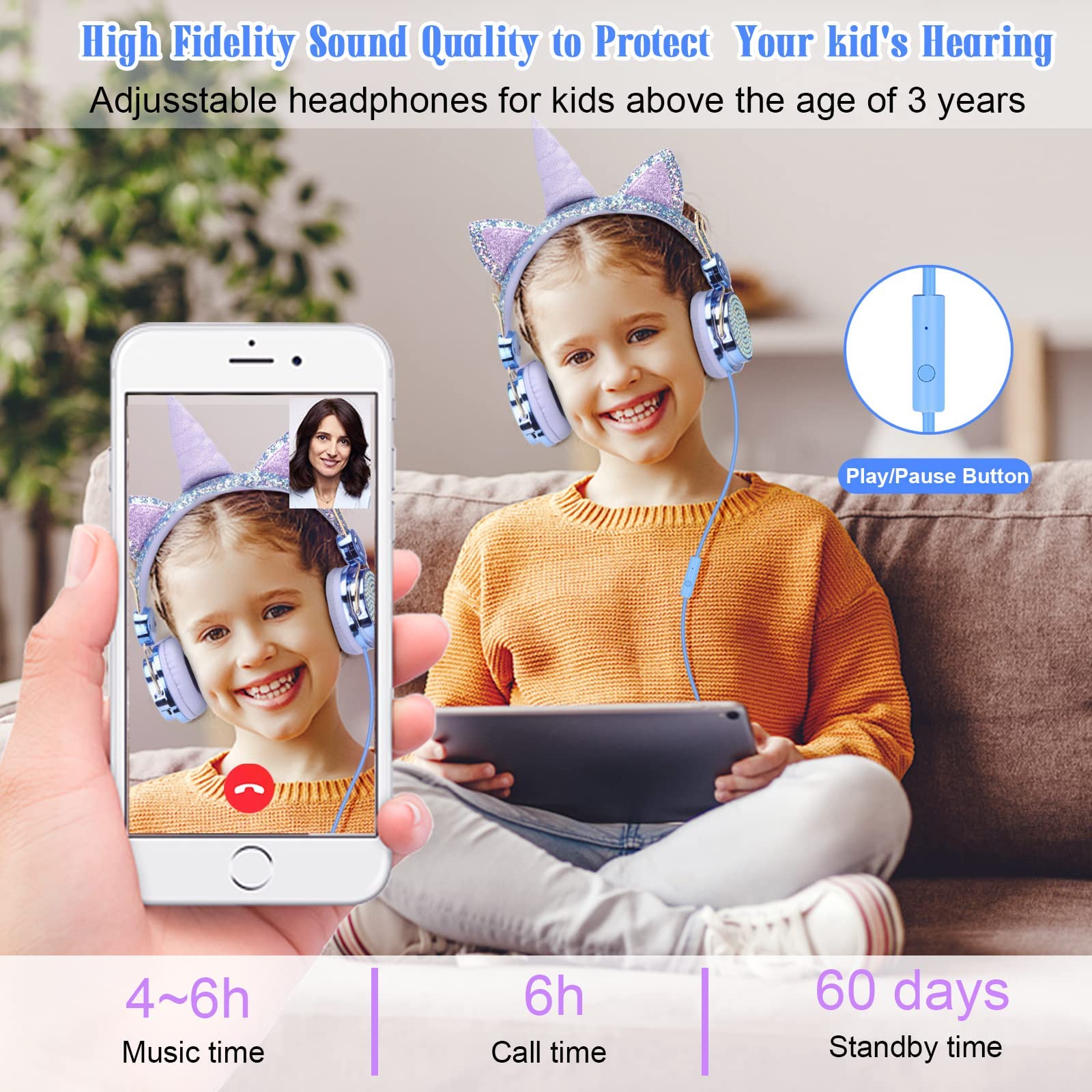 JYPS Unicorn Sparkly Rhinestone Wired Headphones for Kids - Adjustable Stereo Headset with Mic, Volume Control & Matching Bracelet (Fairy Blue) | Perfect for School, Travel & Online Learning