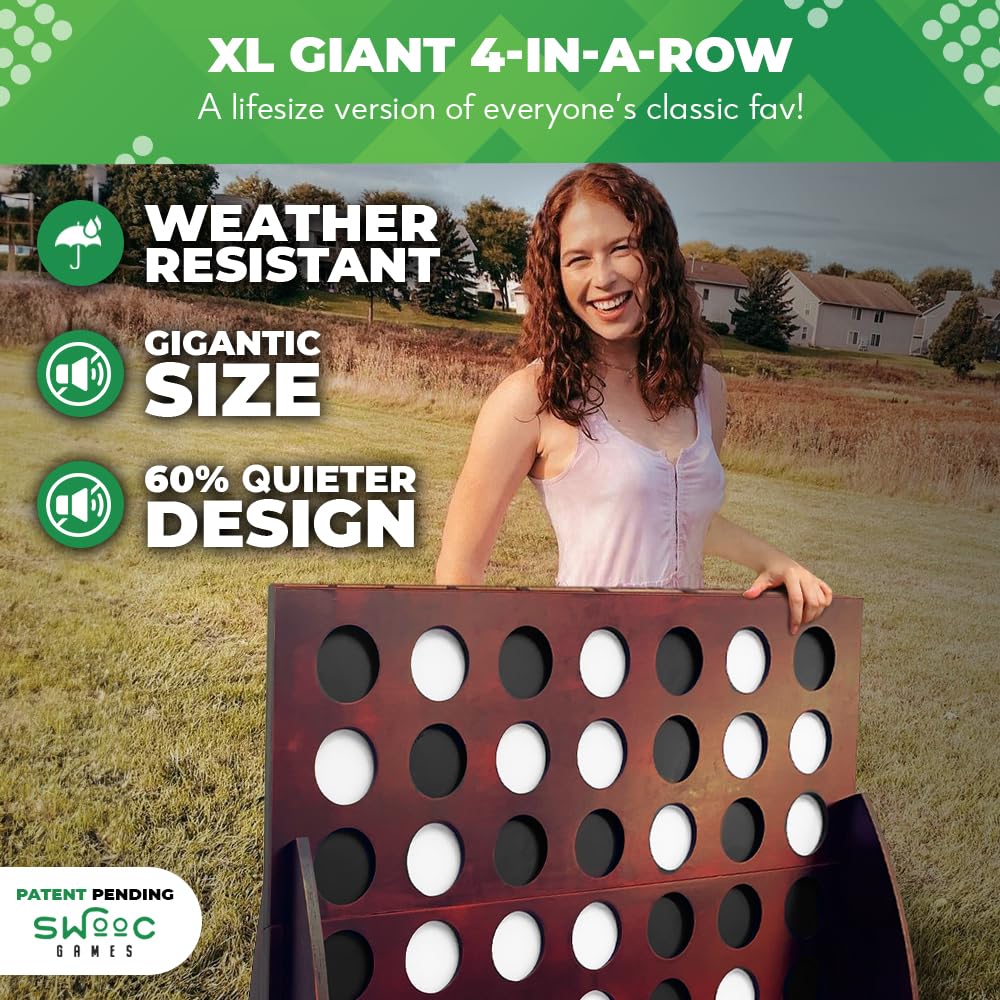SWOOC Games - XL Giant 4 in A Row (4ft x 3ft) Outdoor Connect Four Game with Carrying Case - All-Weather, 60% Quieter Design - Jumbo Lawn Games for Family, Backyard, Picnic & Beach Parties