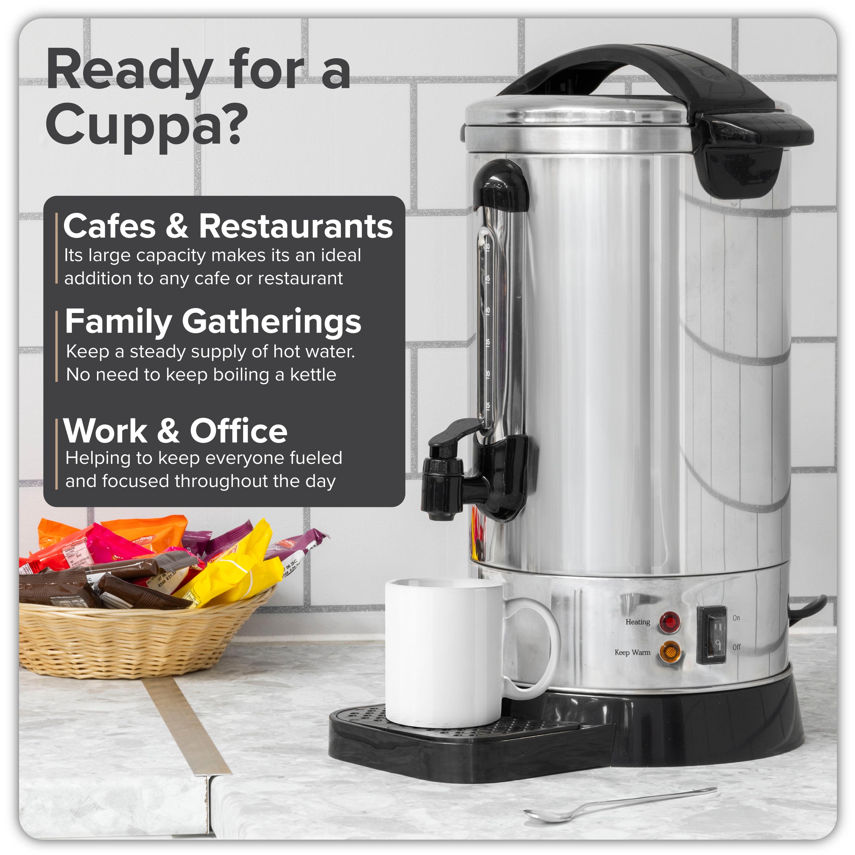 Baridi 10L Stainless Steel Hot Water Boiler & Tea Urn with Drip Tray - Keep Warm Function for Coffee, Tea & Catering - Perfect for Restaurants, Cafes & Events