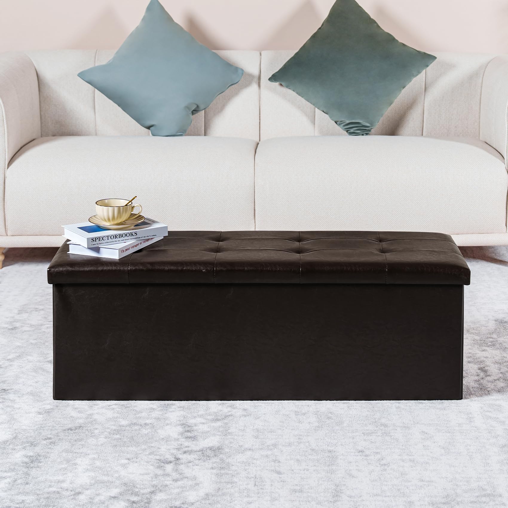 PINPLUS Folding Storage Ottoman Bench - Brown Faux Leather Footrest Seat with Hidden Storage Compartment, 43.3