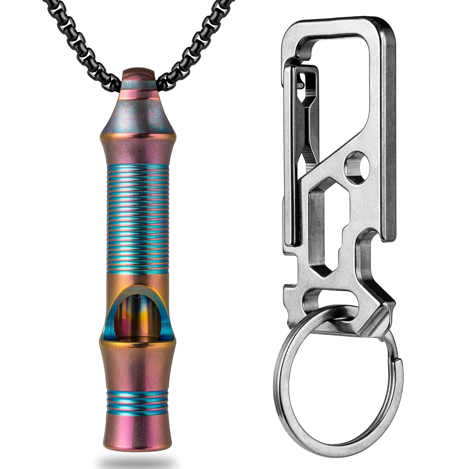 Titanium Emergency Keychain Necklace with Whistle & Carabiner Clip - Multifunctional Survival Tool for Hiking, Camping, and Outdoor Adventures