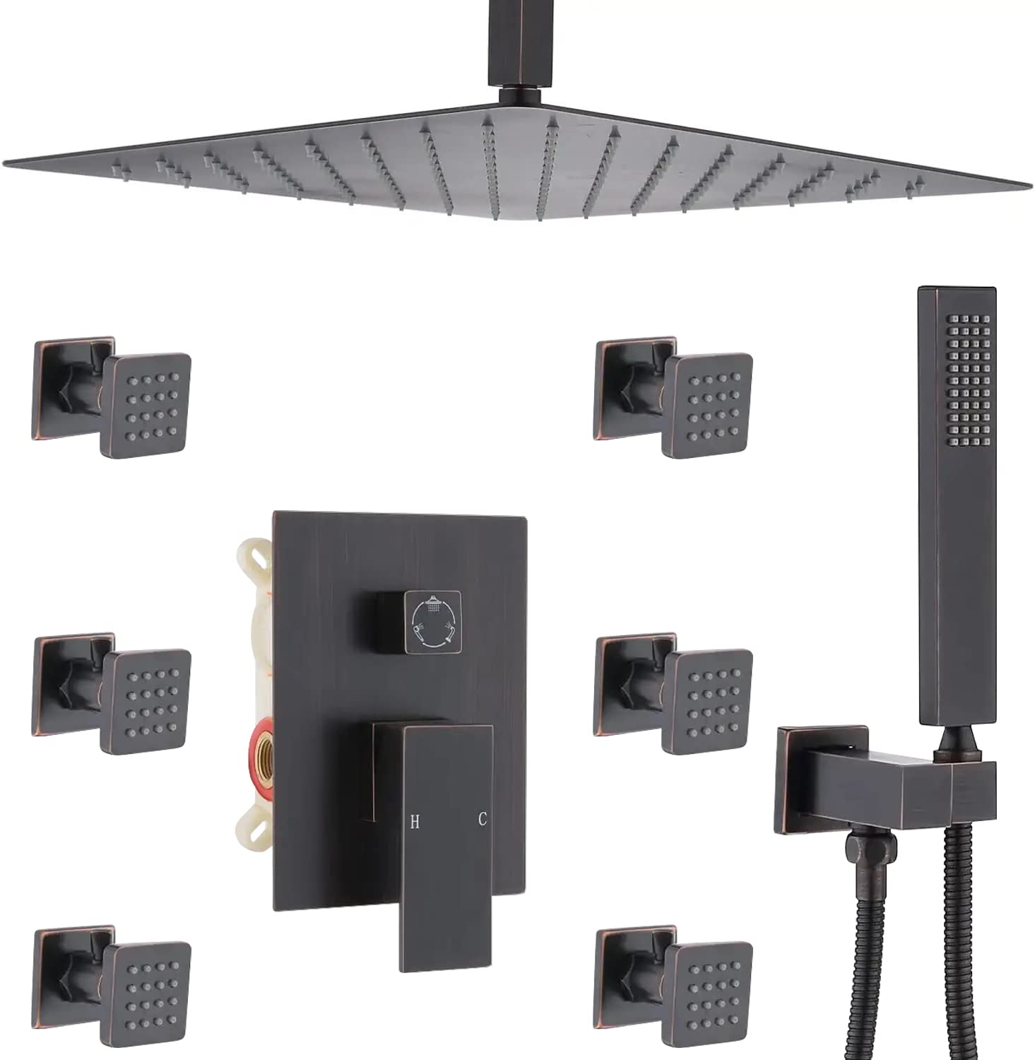 Upgrade Oil Rubbed Bronze 16 Inch Rain Shower System with Body Jets & On/Off Switch - Complete Bathroom Shower Set for Luxury Spa Experience at Home