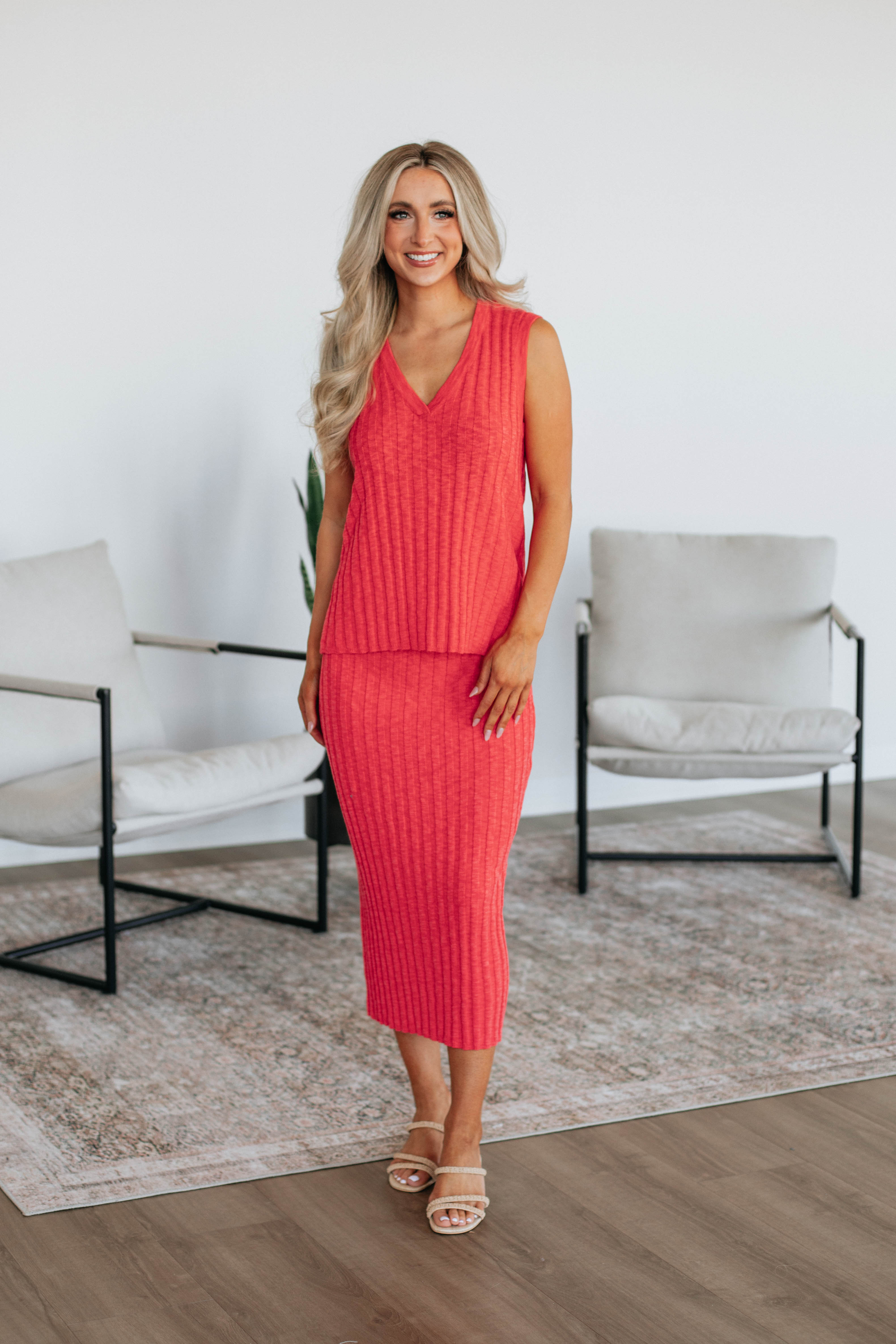 Andri Knit Skirt for Women - Soft Stretch Deep Coral Midi Skirt | Perfect for Casual Wear, Office Outfits & Date Nights