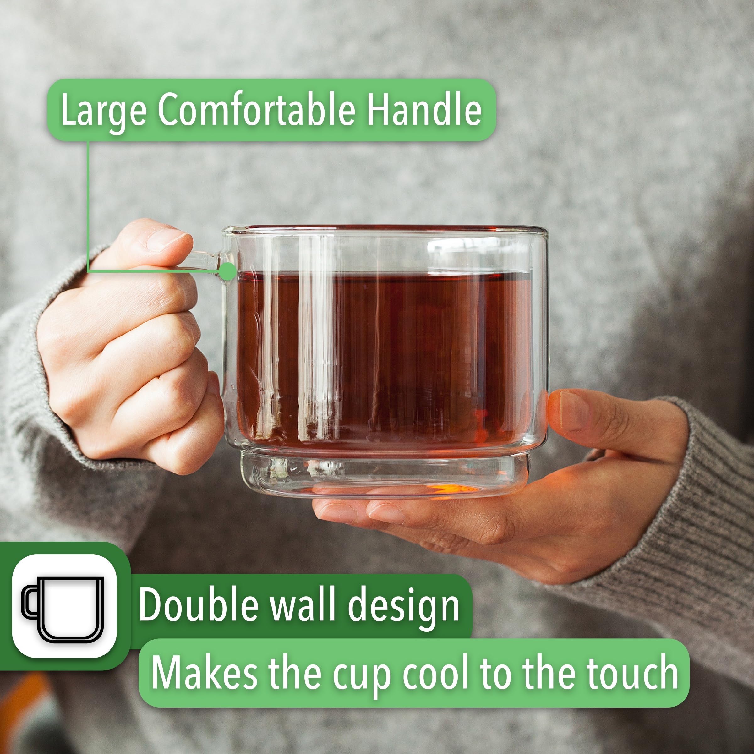 BTaT Stackable Insulated Coffee Mugs - Set of 4 (16oz/500ml) Double Wall Glass Cups for Coffee, Tea & Latte - Clear Glass Coffee Mugs for Home, Office & Travel - Perfect for Hot & Cold Beverages