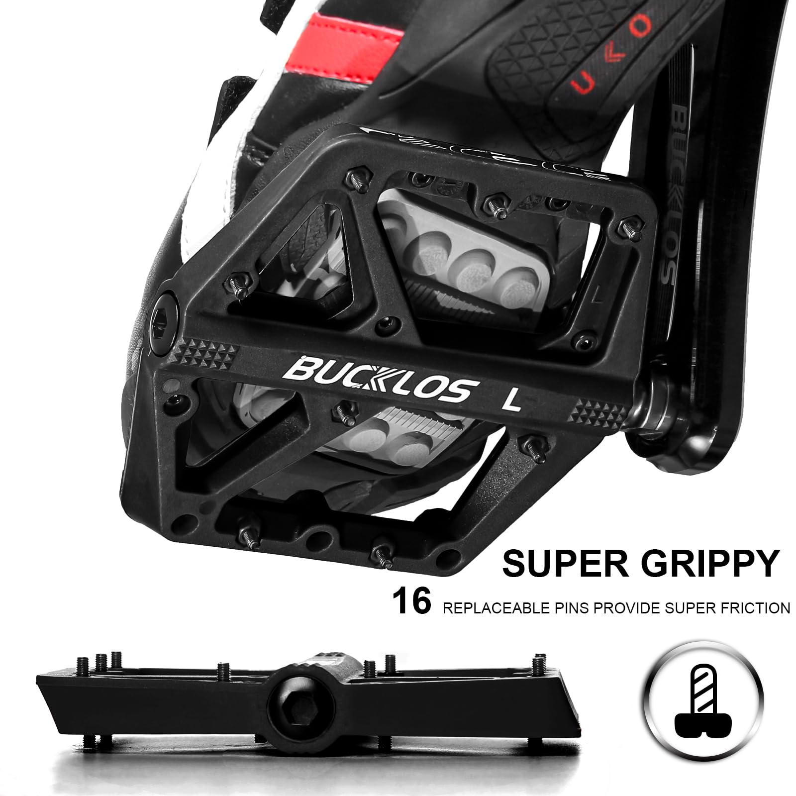 BUCKLOS MTB Pedals - Non-Slip Large Platform Mountain Bike Pedals for Adults, 9/16