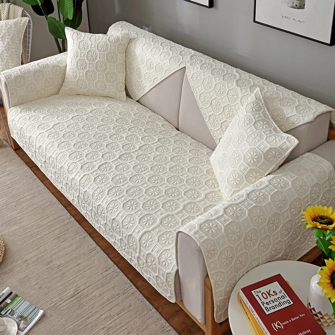 VCTOPS Geometric Embroidery Cotton Sofa Cover - Farmhouse Style Sectional Couch Slipcover for Pets (Dogs & Cats) - Fits L-Shaped, Recliner & Love Seat - Protects Leather Furniture - Armrest & Backrest Cover - Cream Flower Pattern (28x70 Inches) - Perfect for Living Room, Family Room & Pet-Friendly Homes