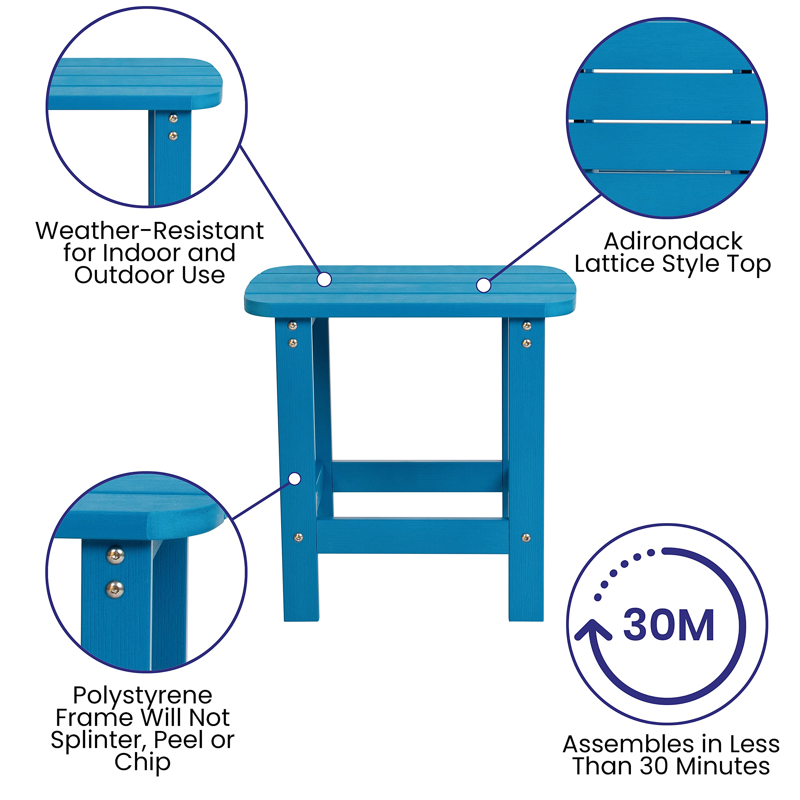 EMMA + OLIVER Set of 2 Blue Folding Adirondack Chairs with Side Table - Indoor Outdoor Patio Furniture for Garden, Deck, Poolside & Backyard Relaxation
