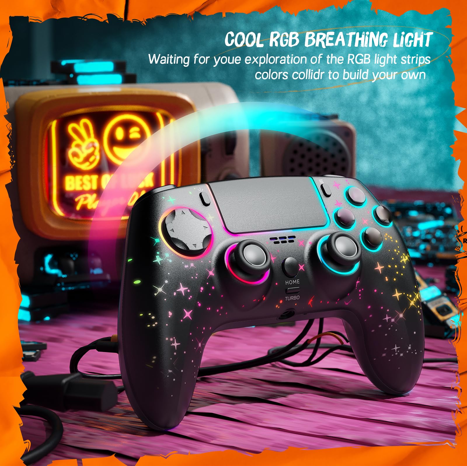 Wireless LED Star Controller for PS4/Slim/PRO/PC/iOS/Android/Switch - RGB 9-Color Backlight, Programmable Buttons, Turbo Boost, Motion Sensor - Perfect for Gaming & Streaming