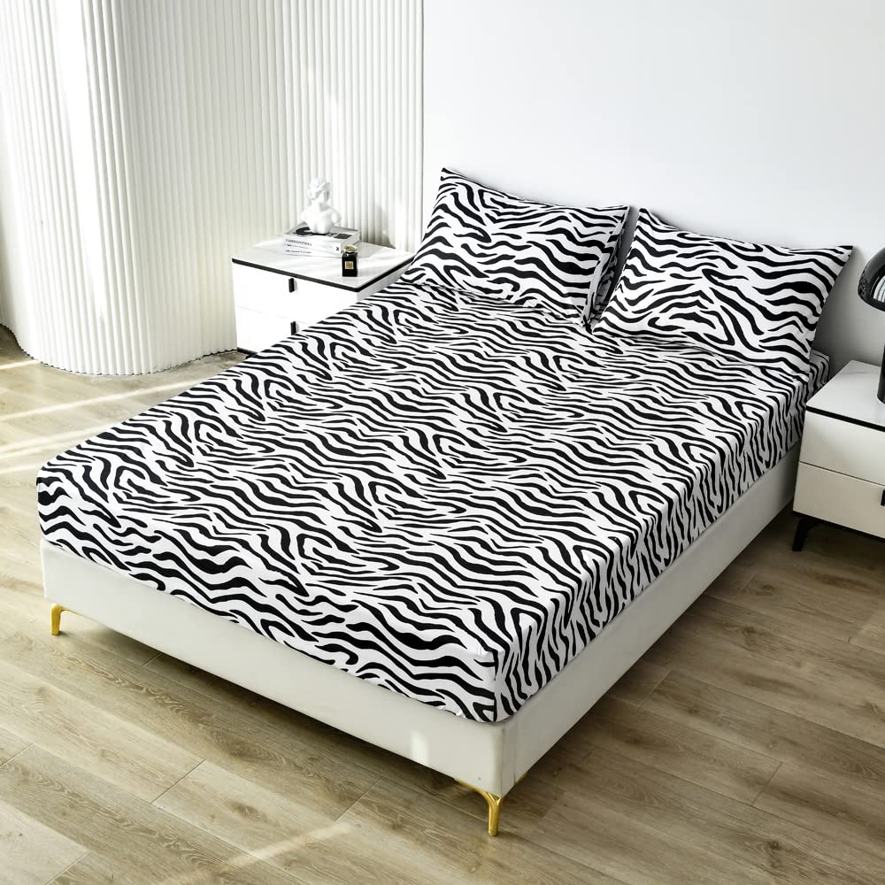 Black & White Leopard Print Fitted Sheet Set - Twin Size Deep Pocket Luxury Cheetah Bedding for Girls, Women & Kids | Wild Animal Themed Bedroom Decor with Striped Design (Fitted Sheet Only) | Perfect for Jungle-Themed Rooms, Teen Bedrooms & Safari Decor