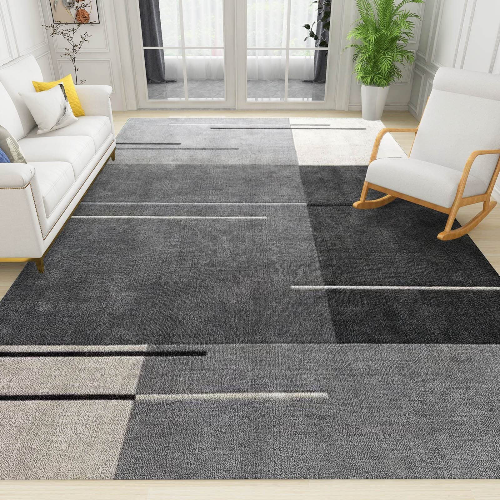 Modern Geometric Area Rug 5' x 7' - Minimalist Grey Block Design Non-Slip Indoor Carpet for Living Room, Bedroom & Home Decor | Perfect for Contemporary Spaces, Sofa Accent & Floor Protection