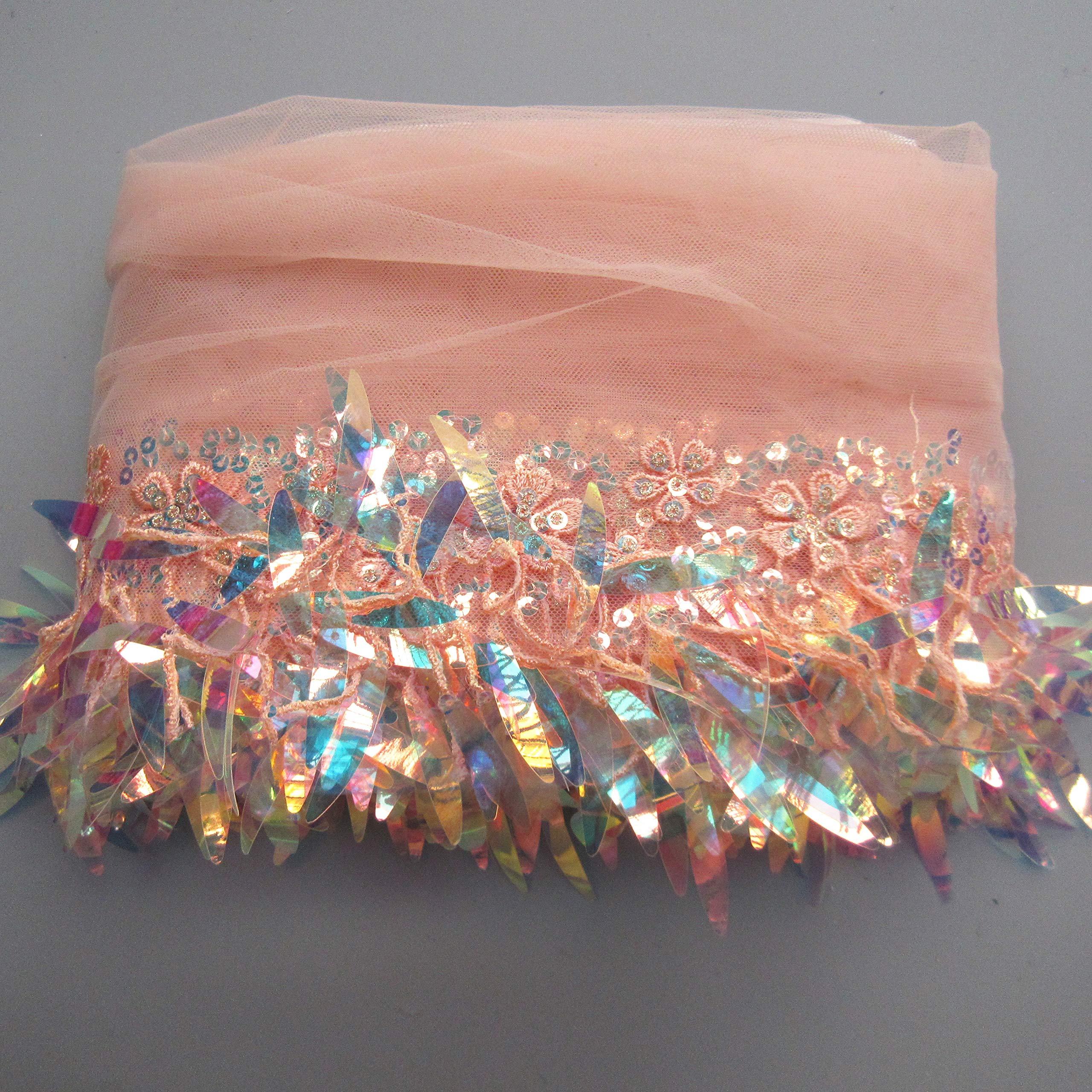 2 Meters Colorful Sequins Tassel Fringe Floral Tulle Lace Ribbon Trim - 17cm Edging for Sewing, Crafts, Prom Dresses, Halloween Costumes & Wedding Decorations (Orange Pink) - Perfect for DIY Costume Accessories, Party Decor & Fabric Embellishments